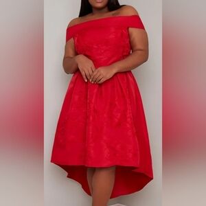 Chi Chi London “Heloise” Jacquard Off Shoulder High Low Midi Dress